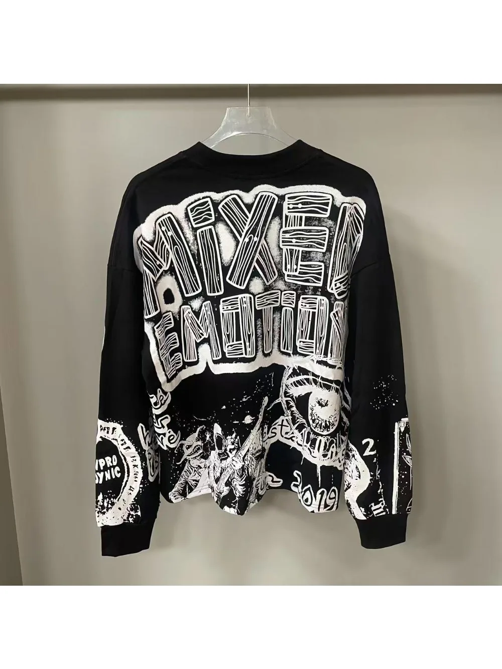 High Quality Designer MIXED-EMOTION Long sleeved T-shirt 100% cotton men's and women's Vintage Printed and hotfix rhinestone High Street Trendy Fashion Hip Hop T-shirt hoodie sweatshirt Pullover