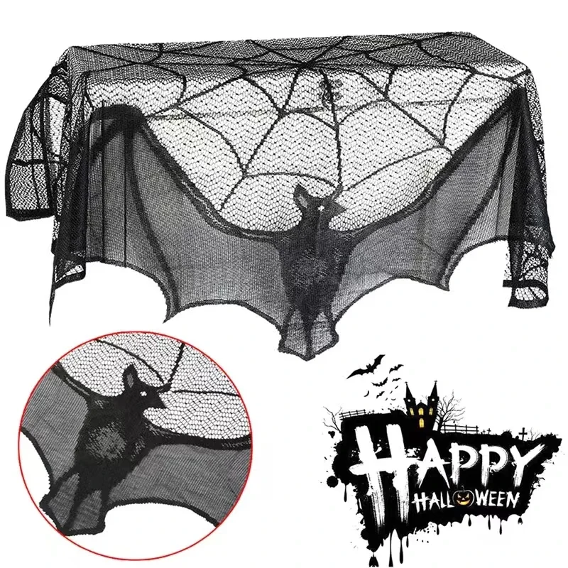 Halloween Lace Curtains Black Bat Spider Tablecloth Fireplace Stand Scarf Set Halloween Family Room Spider Web Horror Decoration