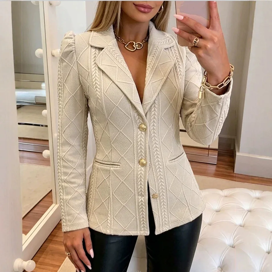 Ladies' Autumn Elegant Diamond Embossed Texture Lapel With Gold Buttons Fluffy Shoulders Slim Fit Chic With Pockets Office Coat