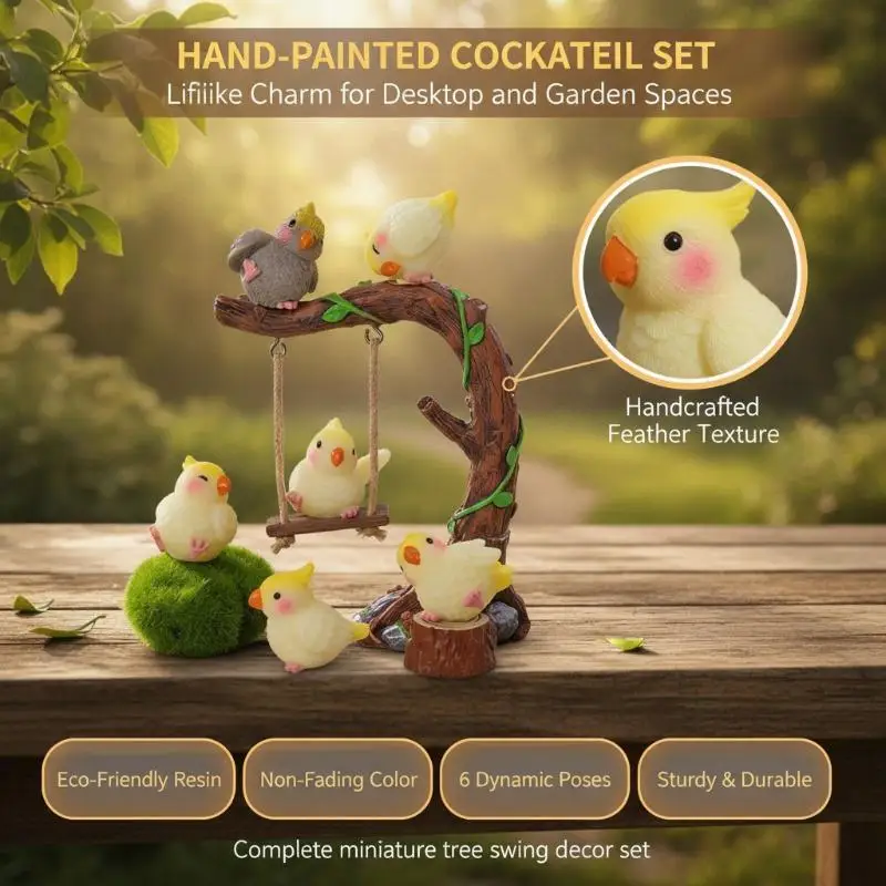 Cute Cartoon Cockatiel Ornaments Horticultural Plant Animal Resin Handicraft Birds Models DIY Home Garden Decoration