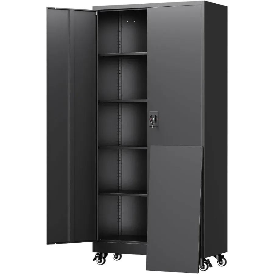 Garage storage cabinet for home office, warehouse: metal construction, gray finish, locking doors and adjustable shelves, 75-in