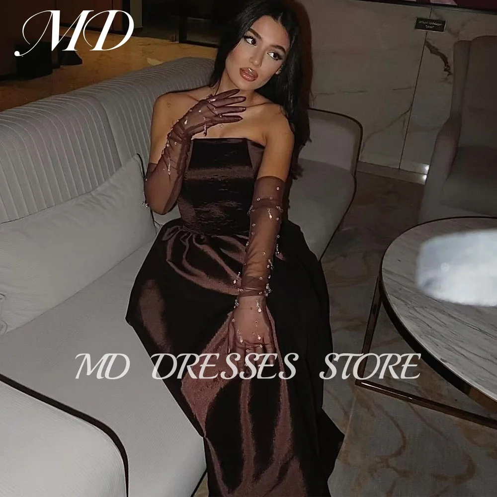 

MD 2025 Simple Brown A-line Evening Party Dresses Satin Strapless Formal Event Ankle-Length vestidos Zip customised Prom Gown