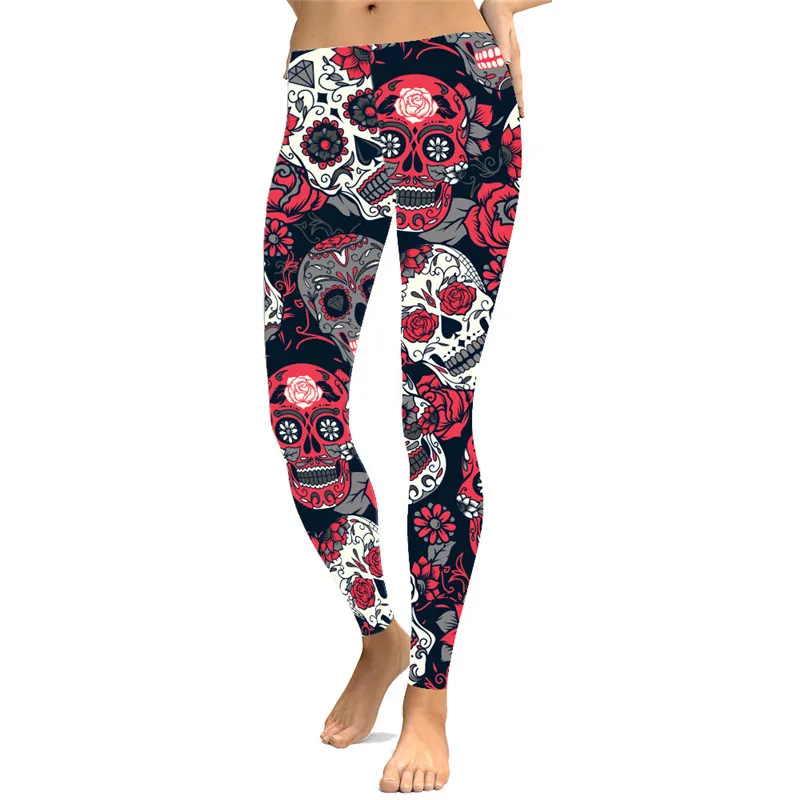 DeanFire Women\'s Sugar Skull Leggings Buttery Soft Rose Printed Halloween Stretchy Pants