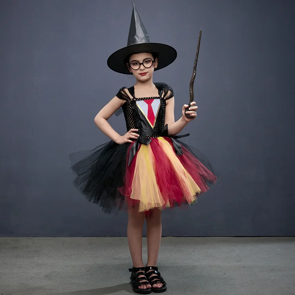 Girls Magic Tutu Dress for Halloween Cosplay Costume Potter Witch Cosplay Clothes With Wand Kids Birthday Party Carnival Outfits