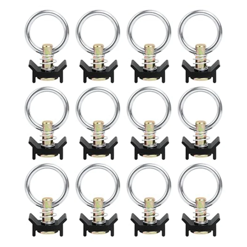 Single Stud Fitting L Track 4,000LB Capacity With Stainless Steel Round Ring Aluminum Keeper Cargo Control, 12PCS Black