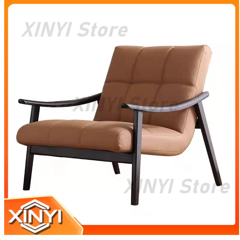 Nordic Single Sofa Chair for Ash Wood Armrest Finn Chair Living Room Light Luxury Design First Layer Cowhide Leisure Chair