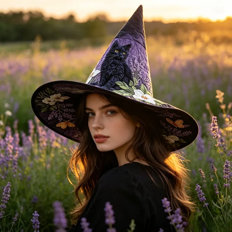 Customization Ladies Bohemian Quilted Witcher And Witch Hat, Black Cat Flower Pattern Design, Pointed Magic Hat, Fashionable