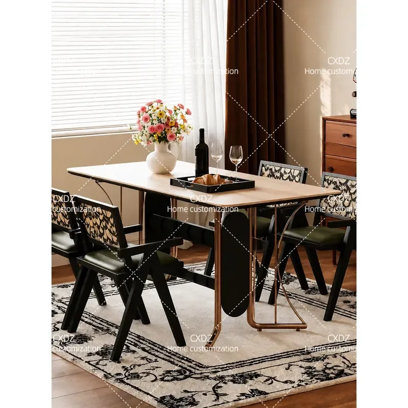 French Retro Solid Wood Dining Table and Chair Set with Stone Slab Top Vintage Style Small Apartment Black Dining Furniture