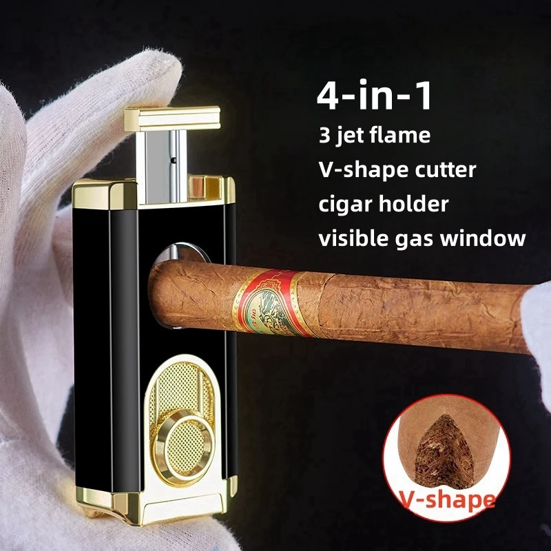 Portable Blue Flame Inflatable Cigar Lighter, Multi-functional 3 Jet Lighter, V-shape Cutter, Cigar Holder, Smoking Accessories