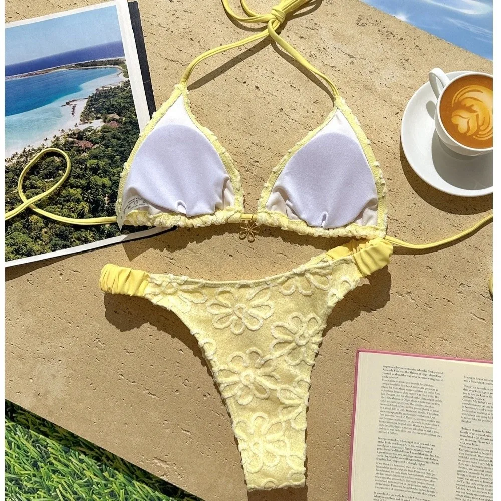 Badeanzüge, zweiteiliges Neckholder-Bikini-Set, Blumenmuster, tiefer V-Ausschnitt, Damen-Bademode, Schnürung, niedrige Taille, Sommer-Strandmode im brasilianischen Stil – Detail 6