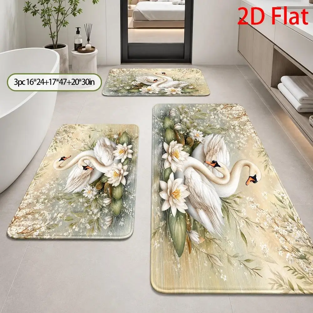 1pc, 2pcs, 3pcs, 2D Flat, Elegant Swan And Lotus Blossom Bath Rug Sets, Romantic Water Lily Bathroom Mat, Machine Washable Bat