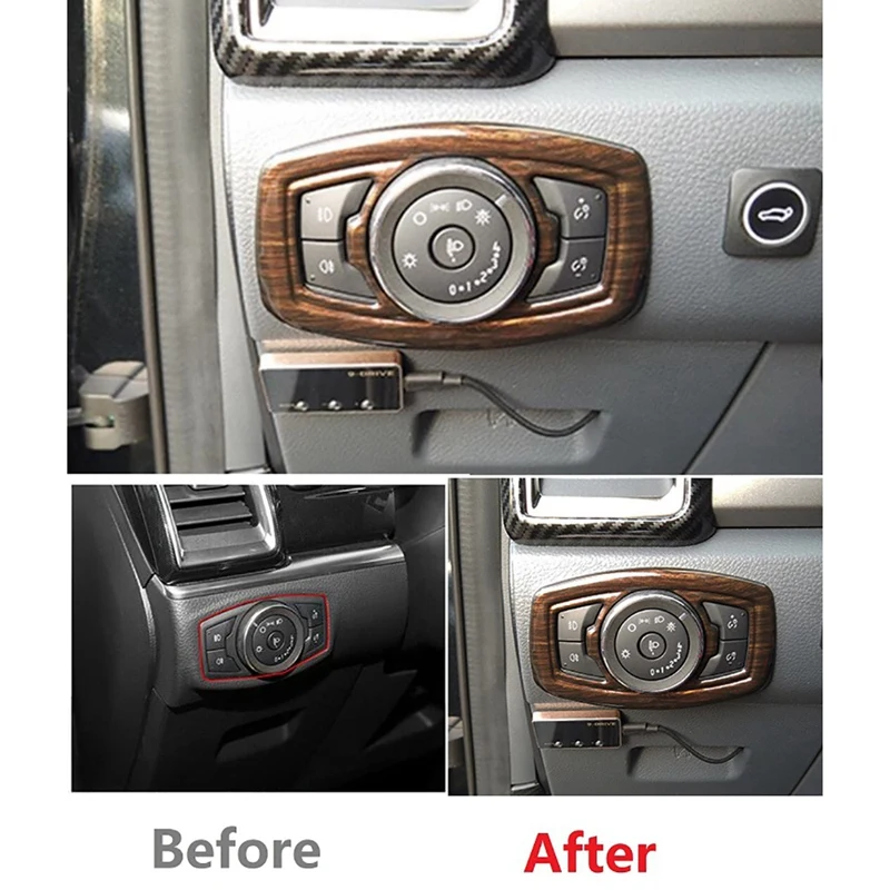 For Ford Ranger Everest Endeavor 2015+ Car Headlight Switch Button Cover Trim Frame Decorator Accessories, Wood Grain