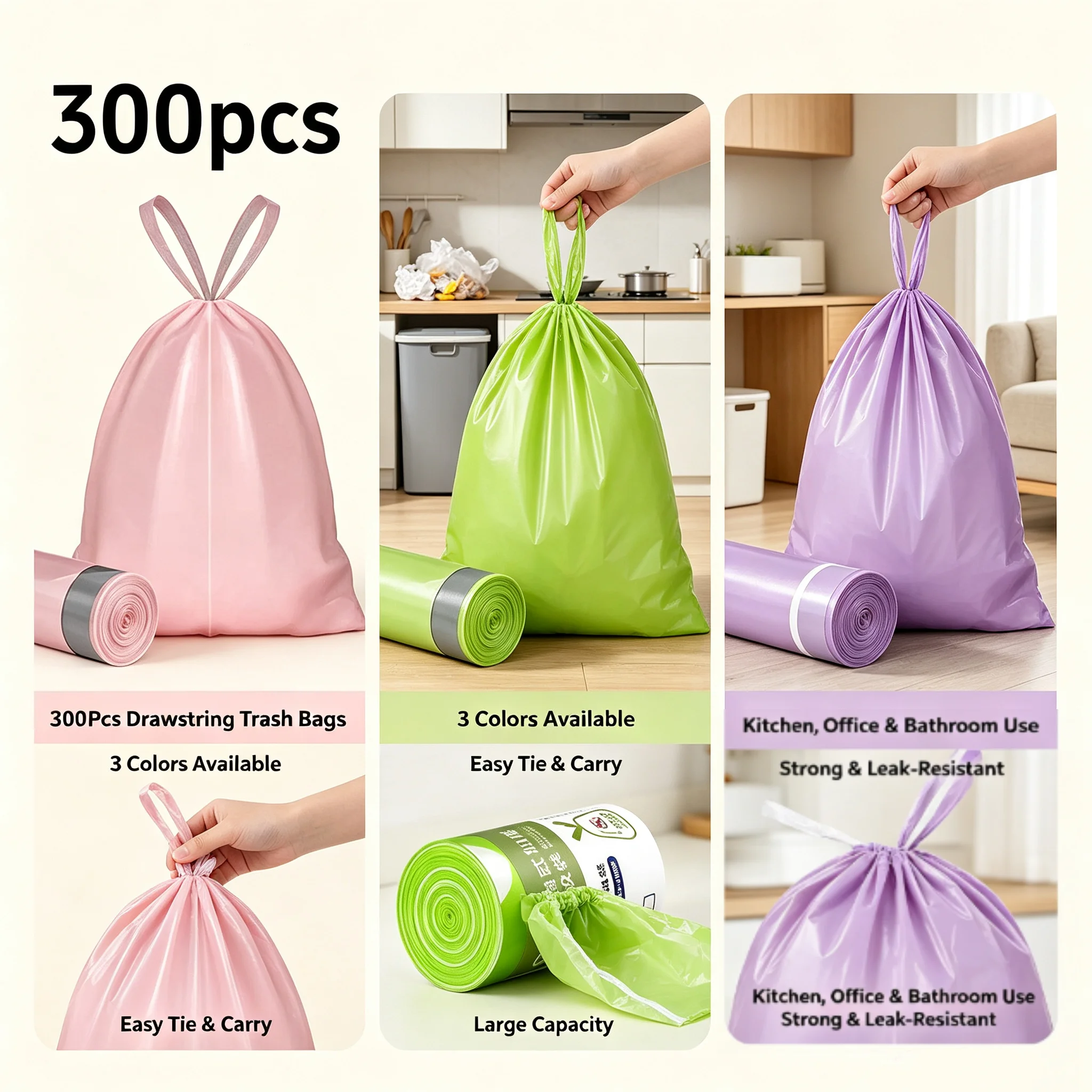 300Pcs Drawstring Trash Bags Thickened Leakproof Garbage Bags Tear Resistant Disposable Bin Liners for Kitchen Bathroom Home