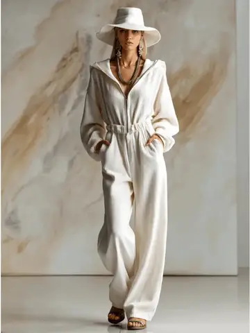 Casual loose and fashionable white corduroy hooded front zipper long-sleeved jumpsuit