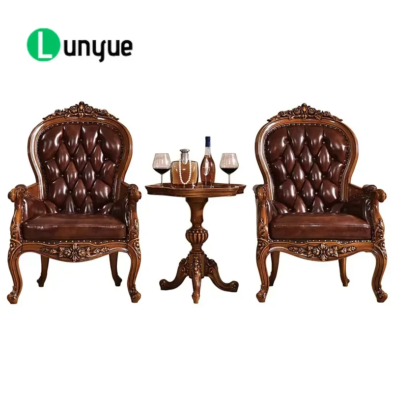 European Solid Wood Leather Single Sofa Chair American Tiger Backrest Armchair for Living Room Balcony Leisure Tea Table