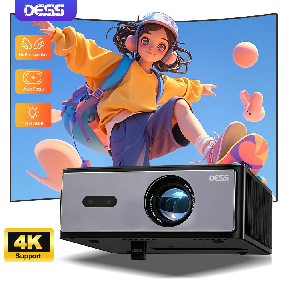 

DESS 2025 New 4k Video Projector Dual Wifi 1800 Lumens Built-in Speaker Auto Focus Home Theater Android TV Projector LED Screen
