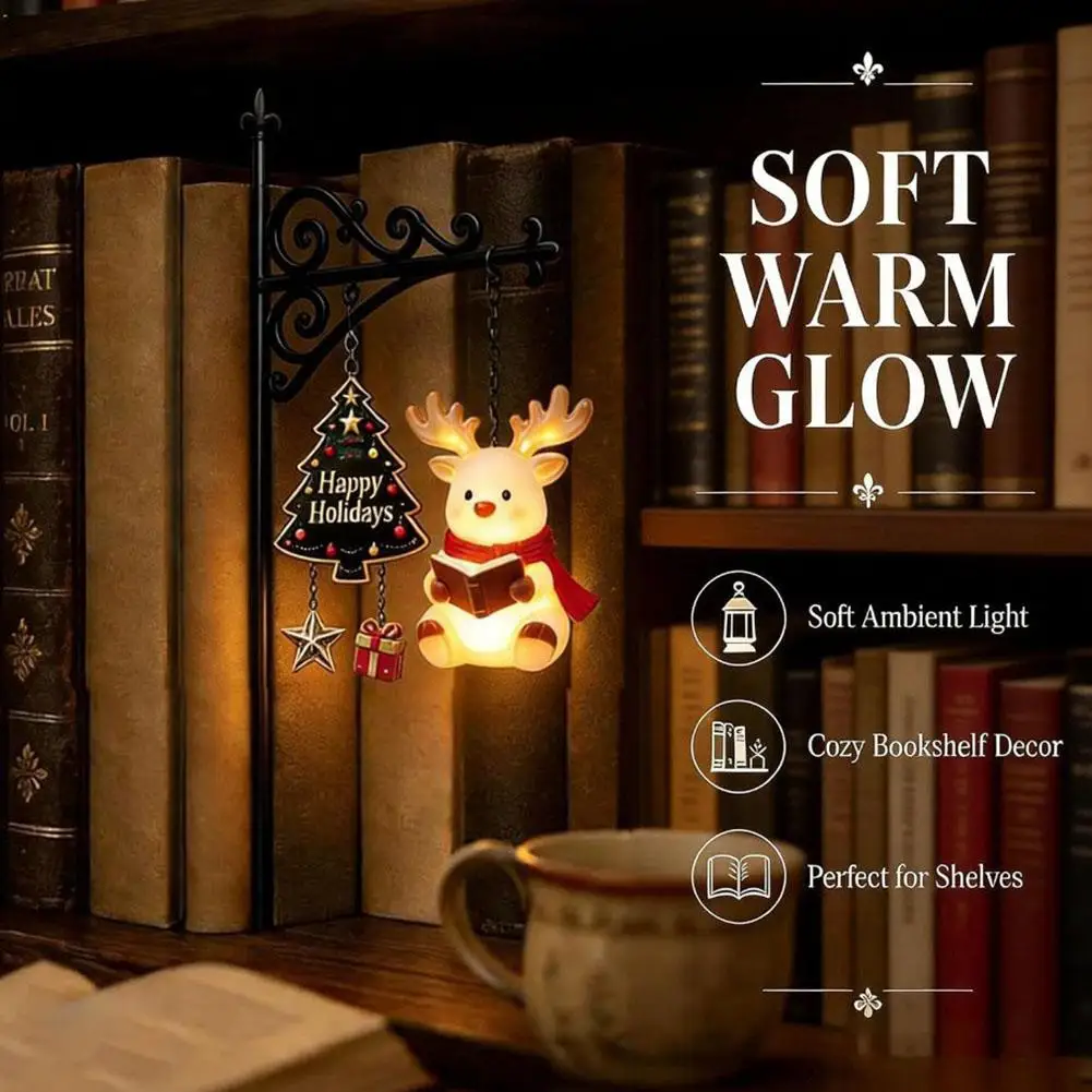 Christmas Bookend Lamp Hanging Reindeer Santa Snowman LED Night Light Vintage Metal Bookshelf Lantern Xmas Gift Decor