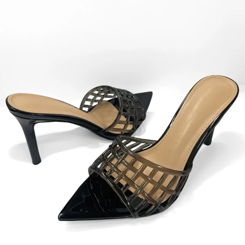 Transparent High Heels Women's Summer 2026 New Pointed Head PU 8.5CM Thin Heel Sandals Design Fashion Dress Women Shoes Black