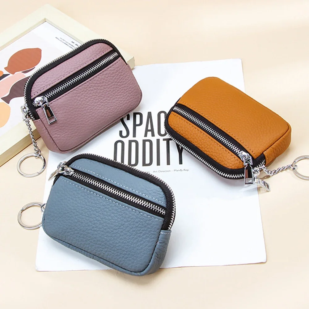 Women Genuine Leather Keychain Coin Purse Zipper Change Wallet Small Mini Pocket Color Contrasting Lipstick Storage Change Pouch