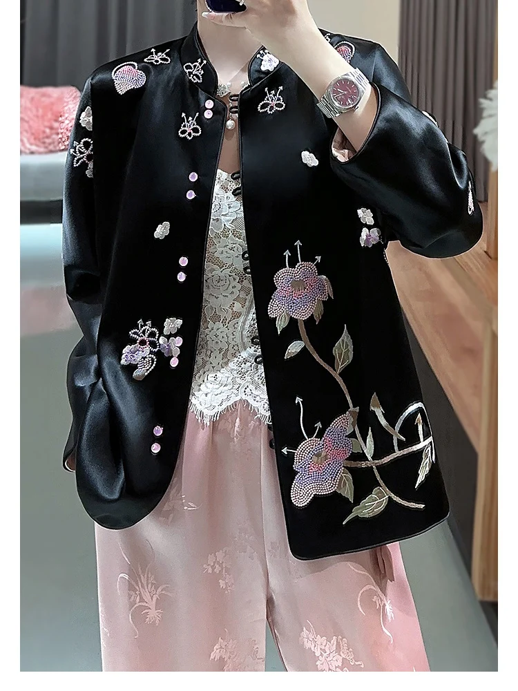 High-End  Autumn New Acetate Embroidered Flower Women\'s Stand Collar Double Breasted Soft And Smooth Lady Jacket S-XXL