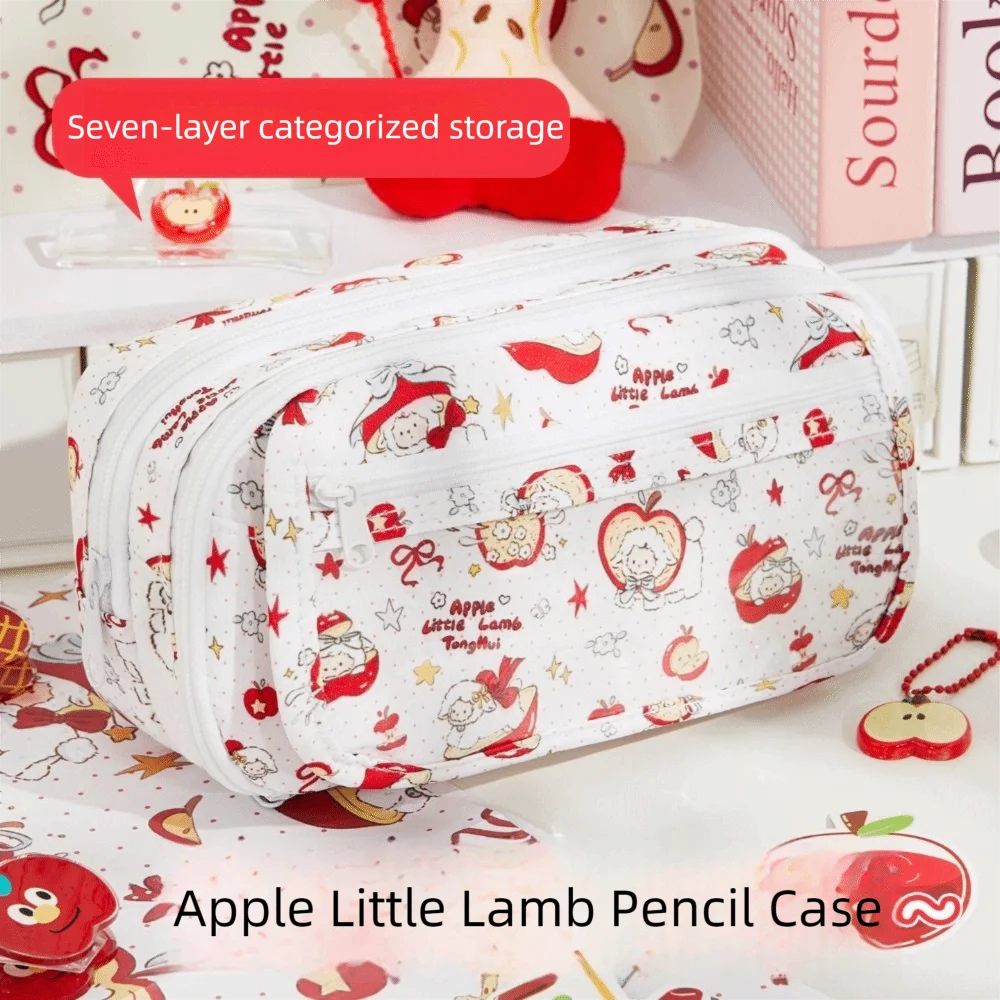 

New Large Capacity Pen Bag Multilayer &Sheep Printing Pencil Case Cartoon Flip Closure Stationery Storage Bag Office Stationery
