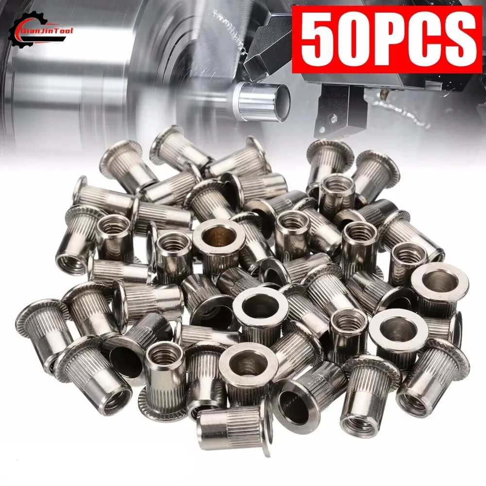 50Pcs Rivet Nut M3-M12 Thread 304 Stainless Steel Flat Head Rivet Nut Insert Nut Hand Rivet Nut Gun Head Manual Riveter Tool Kit
