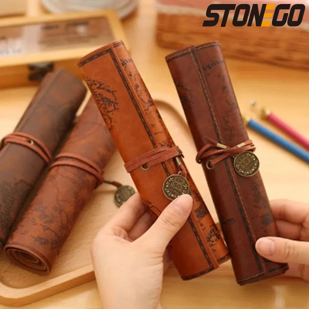 STONEGO Leather Pencil Bag Vintage Treasure Map Design Roll-Up Pencil Case for Students