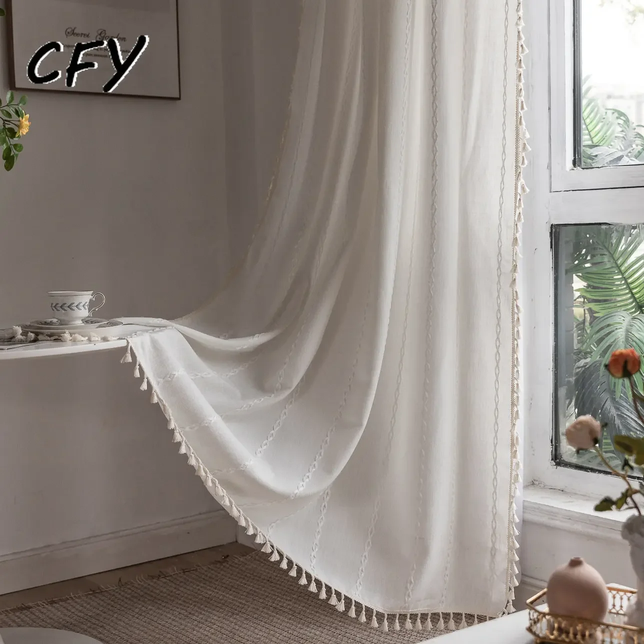 

Solid Striped Cotton Linen Tassel Window Curtain Semi-shading Drapes for Living Room Bedroom Kitchen Door Drapes Home Decoration