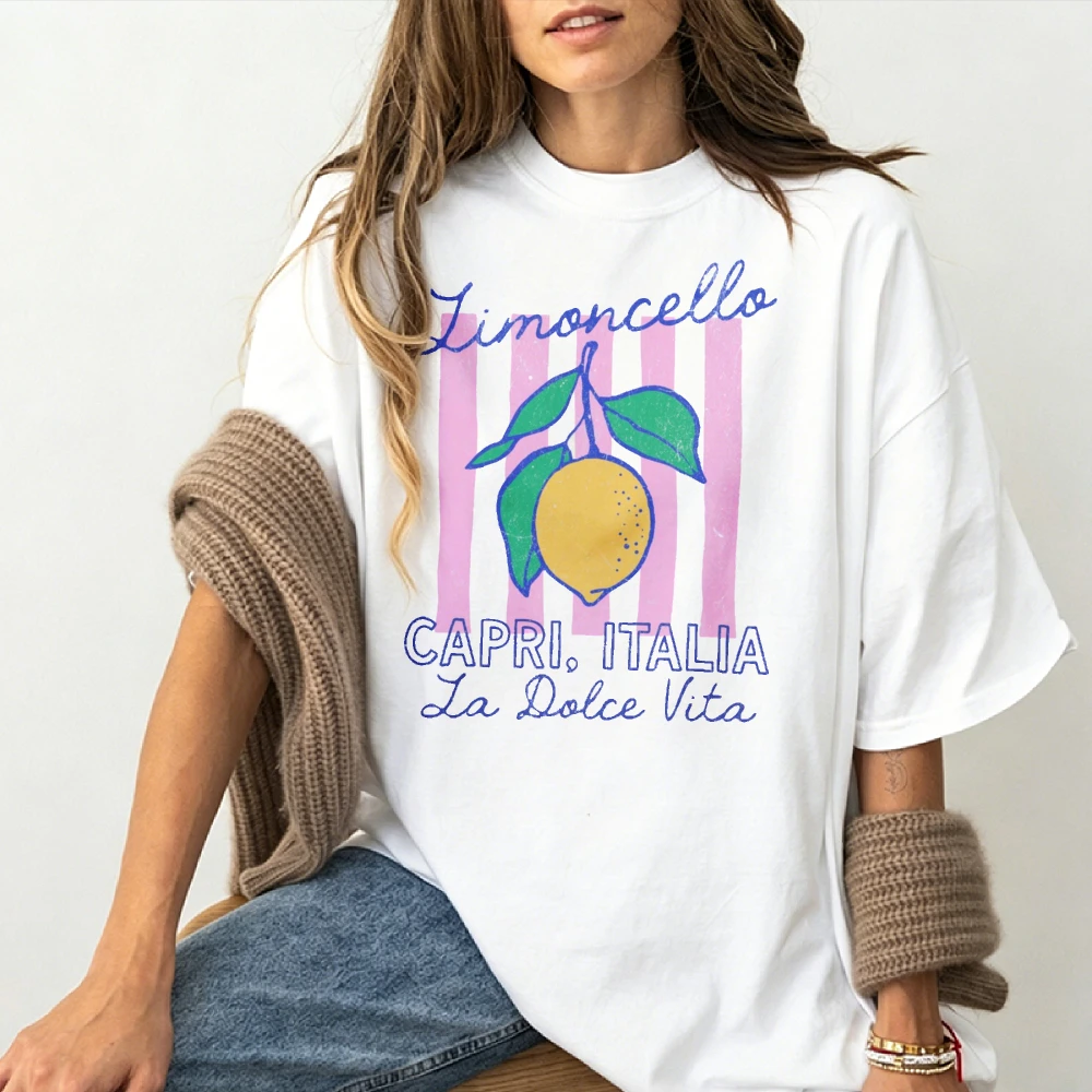 Crew Neck Short Sleeve T-Shirt White Lemon Striped Background Cursive Text Limoncello Capri Italia La Dolce Vita Boho Casual Top