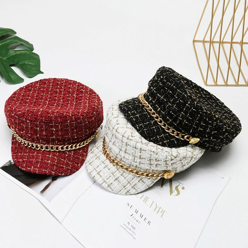 Autumn Winter Pearl Chain Flat Top Navy Hat Fashion Beret Newsboy Caps Berret Woman Octagonal Hats Women's Designer Apparel