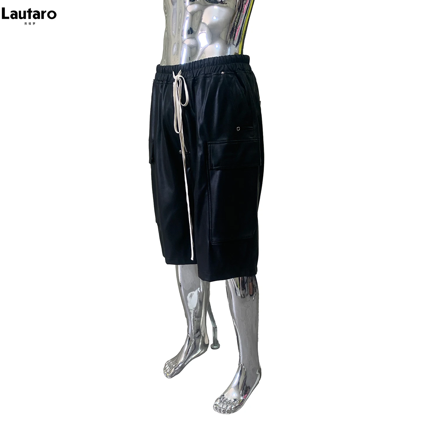 Lautaro Summer AutumnSoft Black Pu Leather Cargo Shorts for Men Elastic Waist Drawstring High Quality European Menswear Clothes
