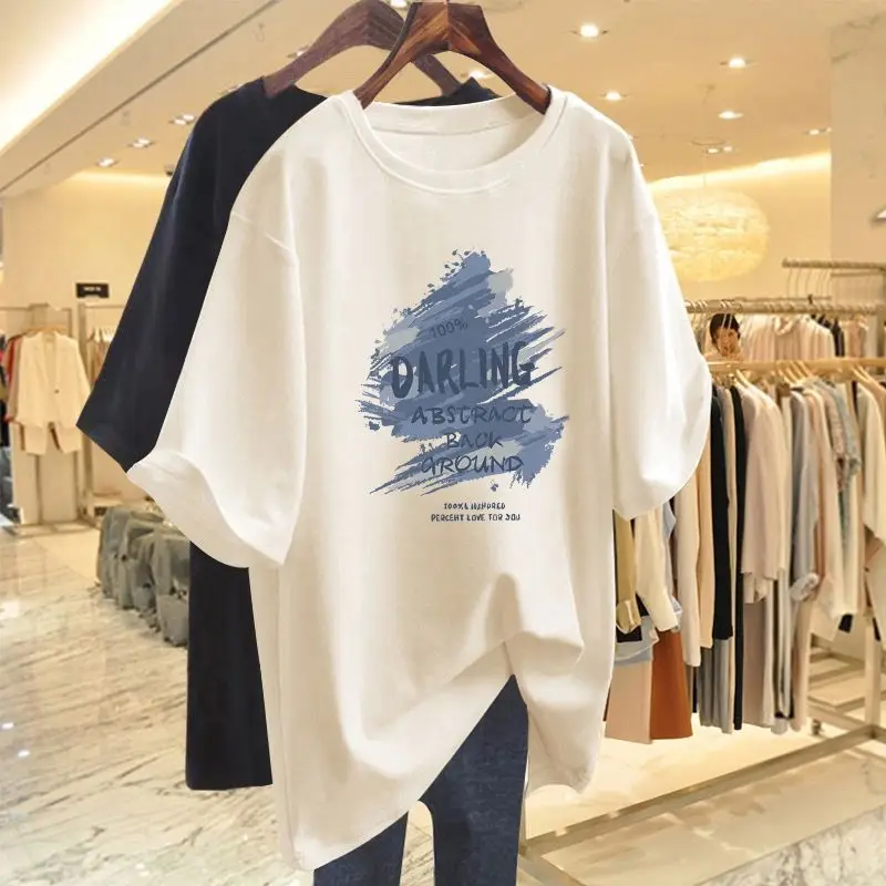 

Loose Casual Letter Printed T-shirt Summer Short Sleeve Pure Cotton O-neck Basics Pullover Lady Comfortable Top Tees M-6XL