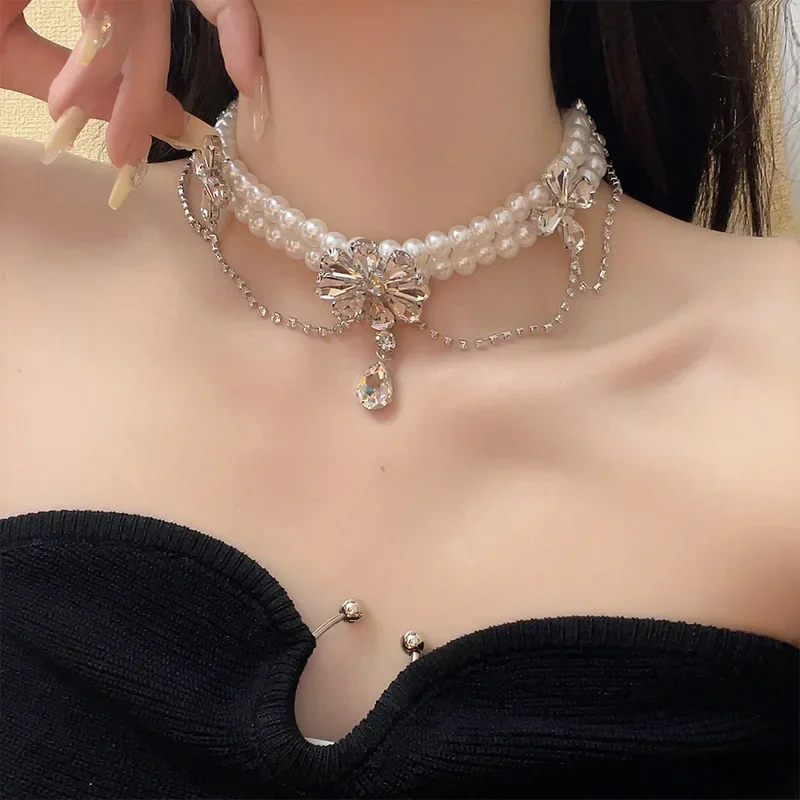 

Pearl Pendant Necklaces For Women Multi-Layered Clavicle Chain Diamond Flower Jewelry Party Girls Accessories