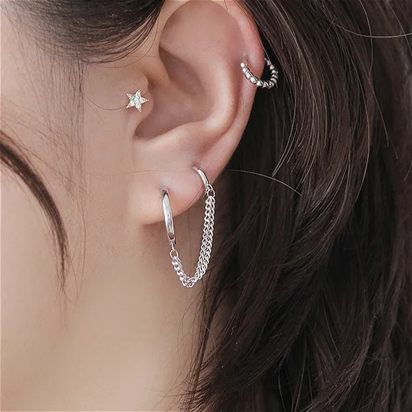 1PCS Hot Sale Two Hole Piercing Earrings for Women Brilliant Crystal Zircon Metal Color Chain Earring Party Jewelry