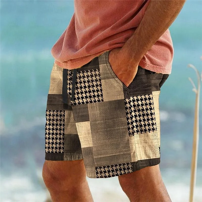 

3D Printed Geometric Splicing Short Pants For Men Colorful Grid Pattern Beach Shorts Summer Casual Street Breathable Swim Trunks