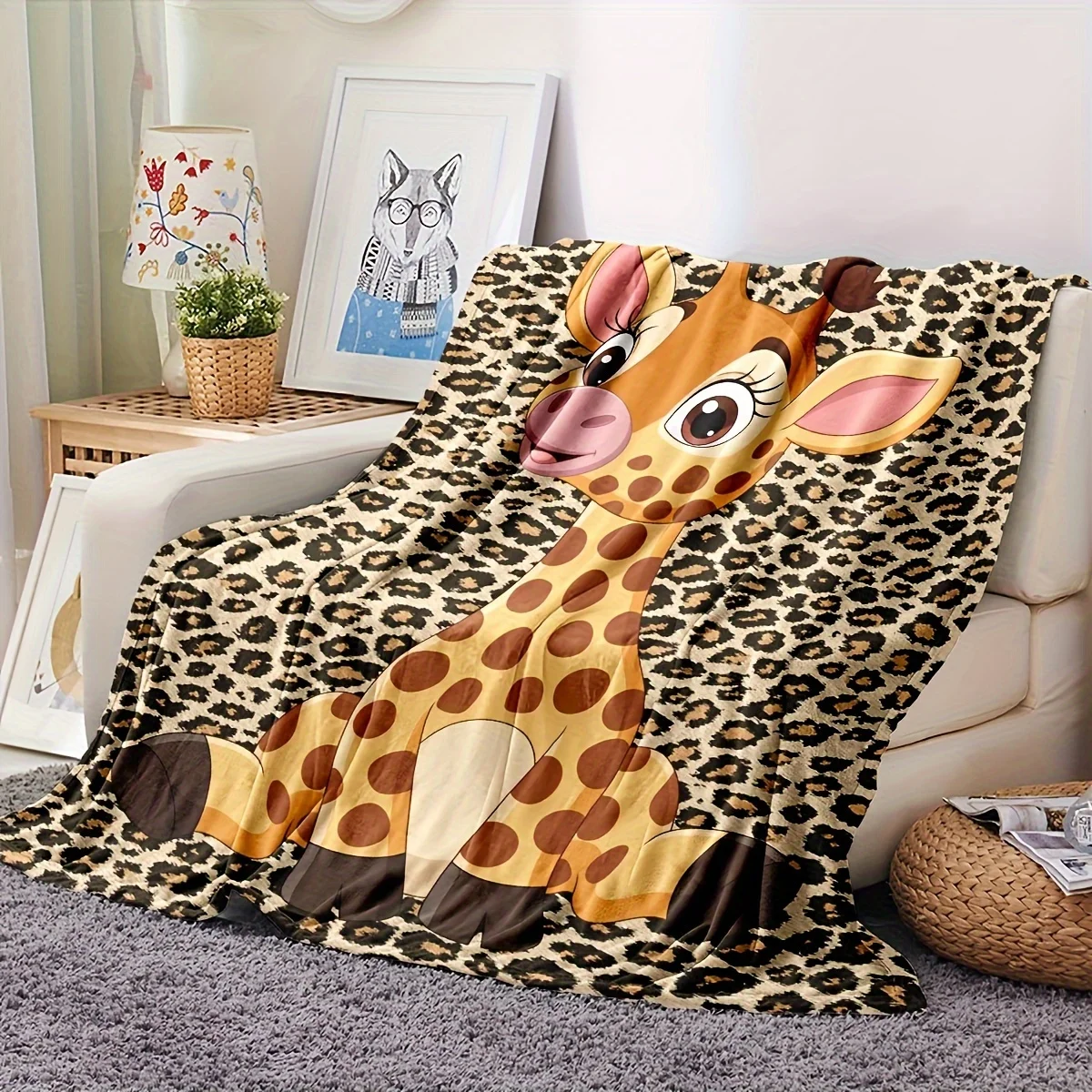 Cute Giraffe Leopard Print Blanket Throw Safari Animal Design for Nursery Kids Cozy Bedding Home Decor 150x200cm