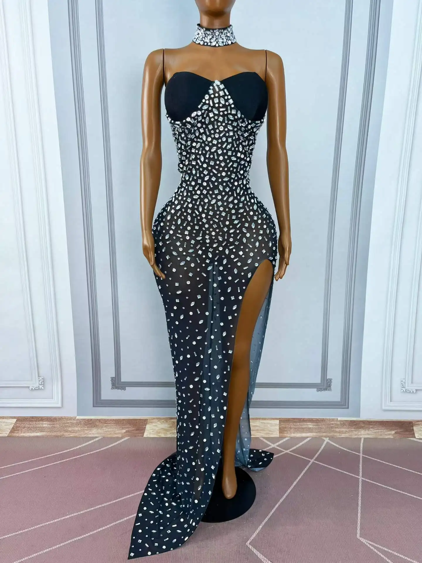 Luxurious Twinkling Rhinestones Neck giter Tube Mesh Dress Women Evening Birthday Wedding Elegant Gown Red carpet Stage Wear view 6