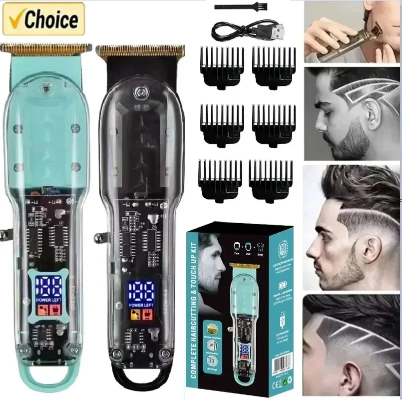 Cortapelos profesional recargable para hombres, cortadora de pelo eléctrica transparente, máquina de corte de pelo inalámbrica