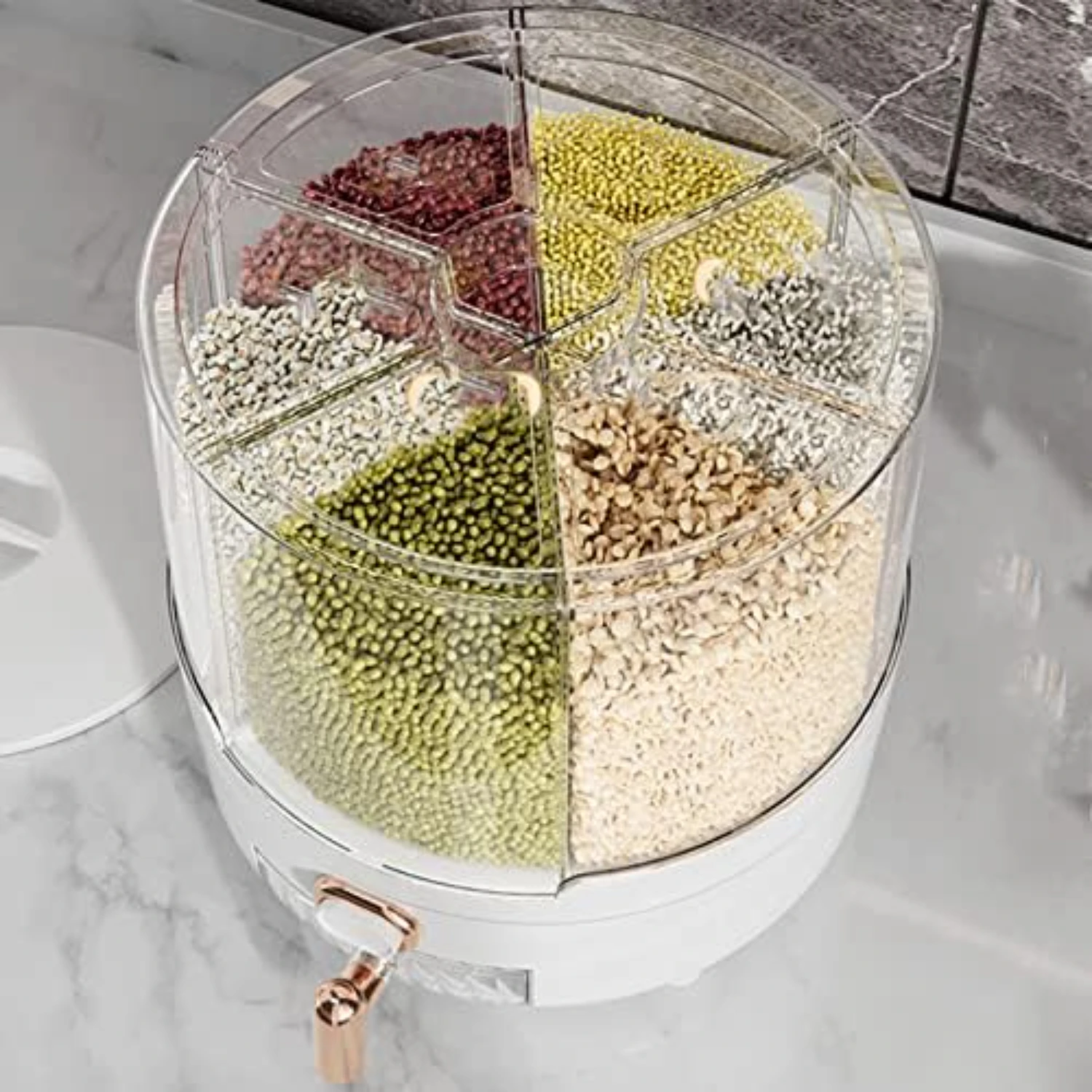 Rotating Rice Dispenser with 6 Compartments - BPA-Free Plastic Grain Storage Container for Rice and Beans