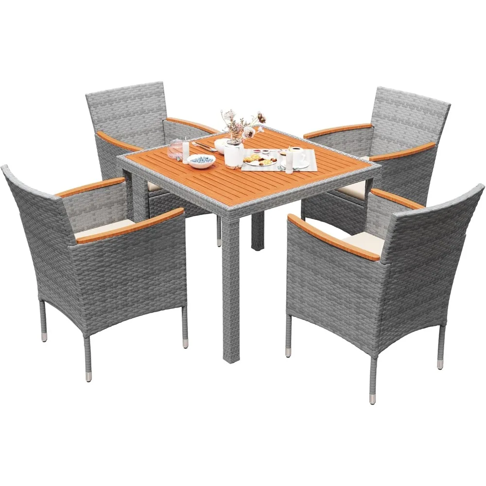 

5 PCS Furniture, Patio Conversation Set with Acacia Wood Top, Rattan Outdoor Dining Table and Chairs for Backyard, Garden, Deck