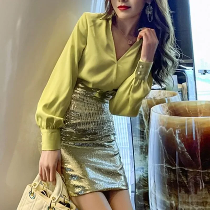 Female Outfits Party Long Sleeve Skirt Sequin Sexy Women\'s Two Piece Set Co Ord Full Festival Top and Bottom New in The Same