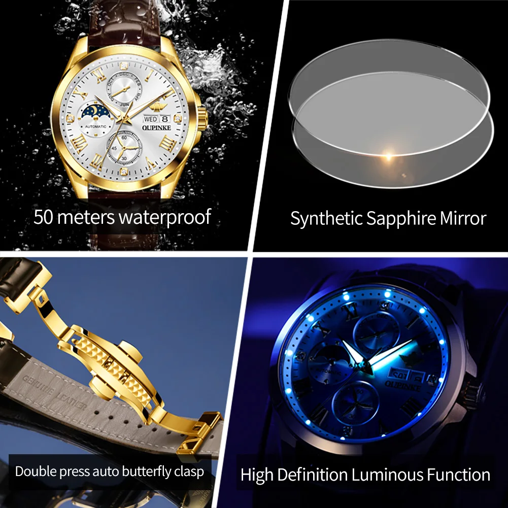 OUPINKE 3300 High end Brand Fully Automatic Mechanical Watch Luxury Tungsten Steel Calendar Diamond Dial Waterproof Men\'s Watch