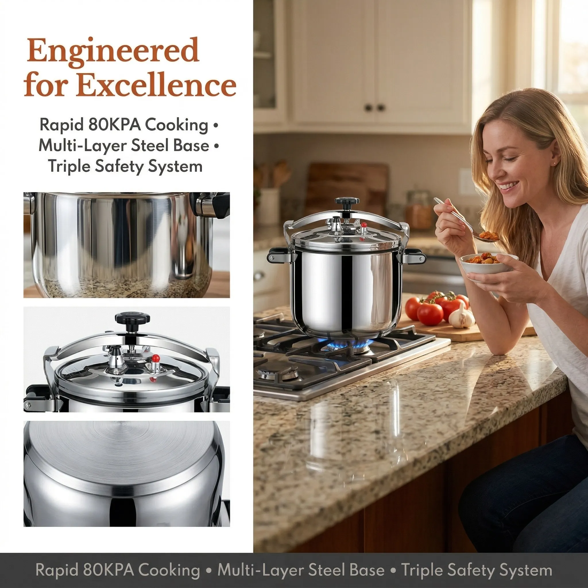 Stovetop Pressure Cooker Stainless Steel Large Capacity - 80KPA Triple  Safety Lock, Mirror Polished, Induction Gas Compatible,