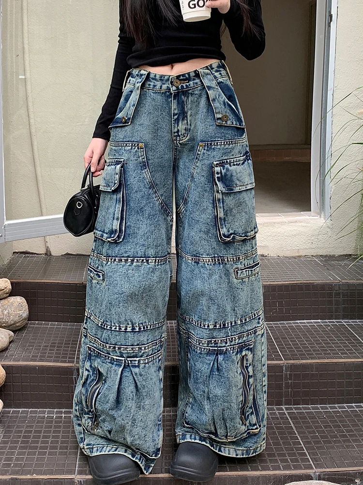 

Vintage Washed Jeans Women Pocket Cargo Pants High Fashion Loose Casual High Waist Wide Leg Baggy Pants Denim Pants Baggy Jeans