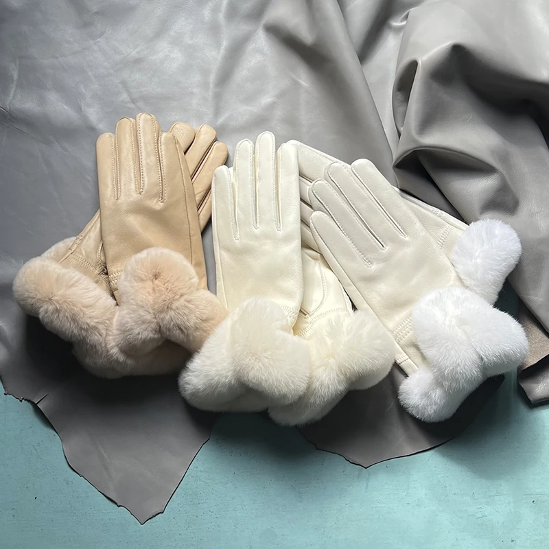 Autumn winter women's genuine leather gloves 100% real rex rabbit fur genuine sheepskin mittens black red blue pink