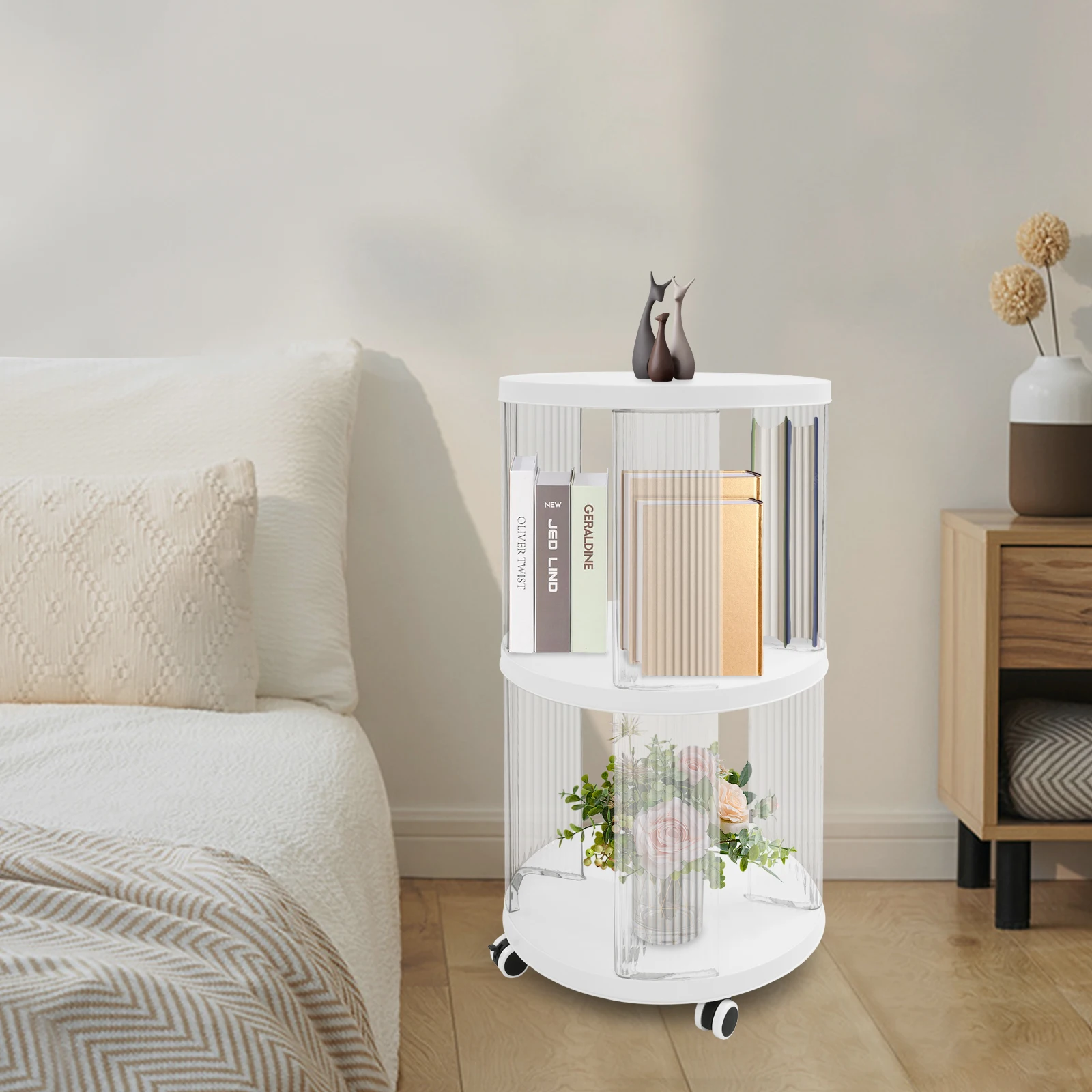 

Двухуровневая вращающаяся на 360 градусов книжная полка на колесиках, напольная конструкция, пластиковая подставка-витрина большой вместимости