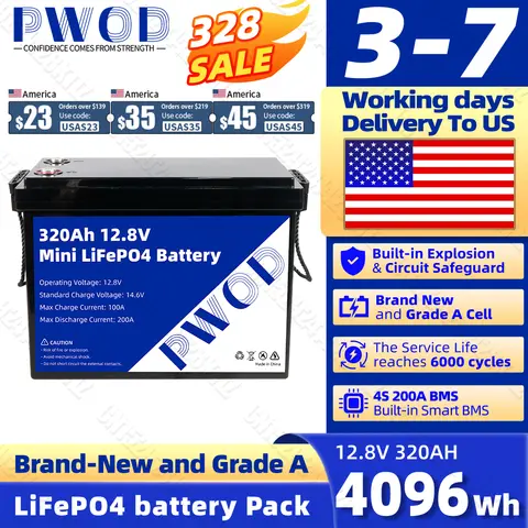 PWOD 12V 24V 320AH Lifepo4 Battery 6000 Cycle Lithium Iron Phosphate Battery for Boat/Car/Energy Storage System Grade A US Stock