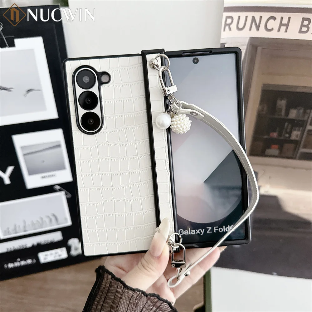 

For Samsung Galaxy Z Fold 6 5 4 3 Z Fold6 Fold5 Luxury Crocodile Print Leather Case Wrist Strap Hinge Protector Shockproof Cover