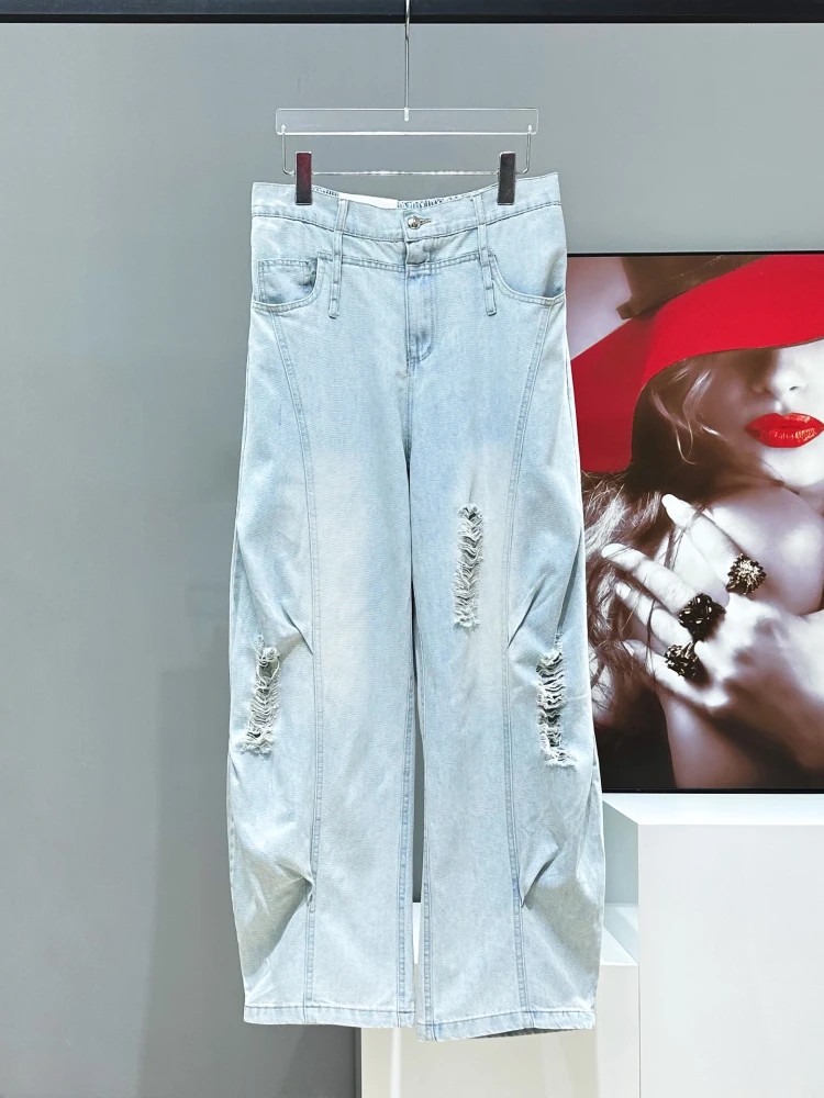 

New Design Men's Loose Casual Denim Pants High Street Wide Leg Knife Long Pants Washed out Torn Jeans Youth Fashion