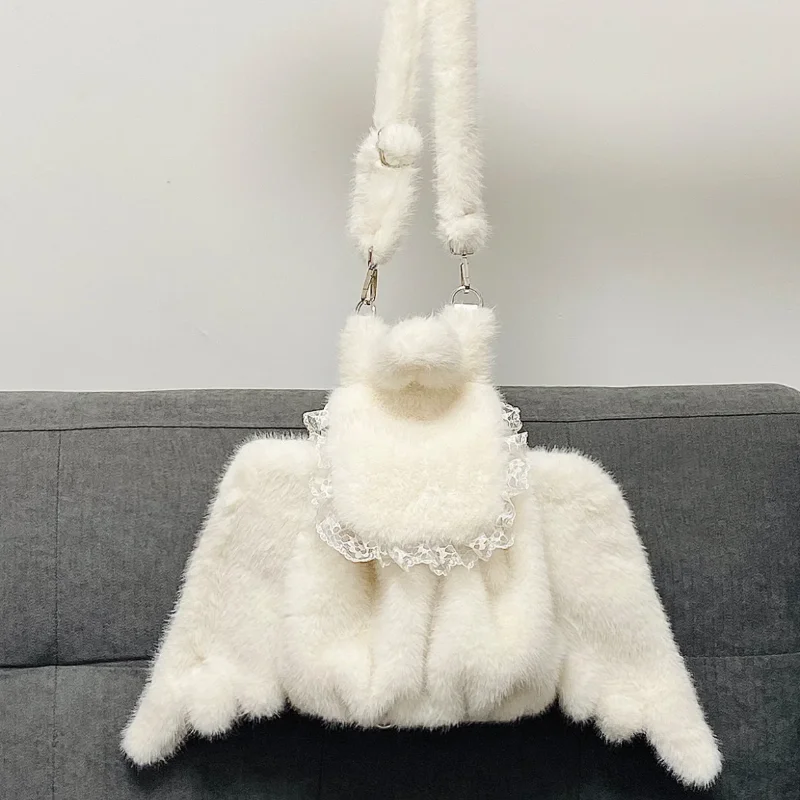 

Plush Wing Bag Lolita Style Y2k Backpack Fashion Korean Style Lace Shoulder Bag School Backpack White Sweet Tote Bag Women' Bags